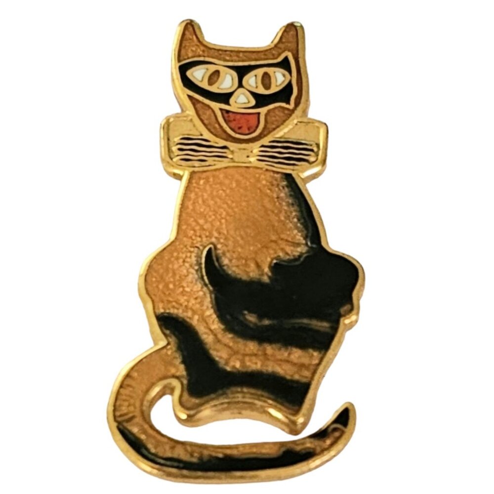 1991 MMA Metropolitan Museum Of Art Gold Black Enamel Masked Cat Pin Signed L261